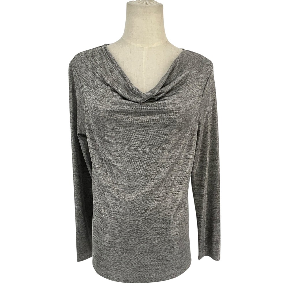 Chicos Gray Metallic Cowl Neck Long Sleeve Top Size 0 Small Heathered Shimmer